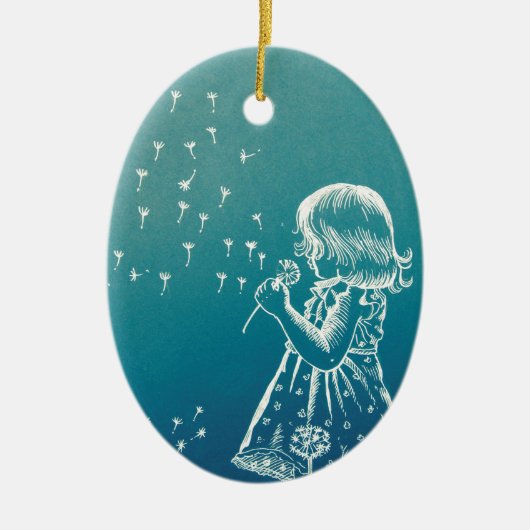Een klein meisje dat op een dandelion blaast keramisch ornament (Voorkant)