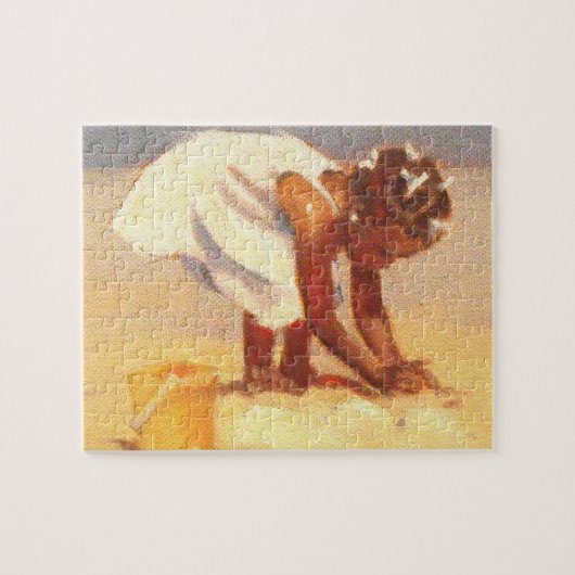 Een klein meisje dat zand speelt legpuzzel (Horizontaal)