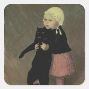 Een klein meisje met een kat, 1889 vierkante sticker