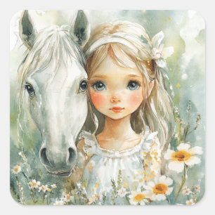 Een klein meisje met een paard vierkante sticker