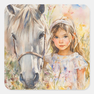 Een klein meisje met een paard vierkante sticker