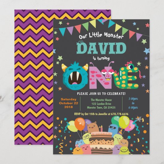 Een klein monster eerste verjaardagsfeest. Jongen  Kaart (Voorkant / Achterkant)