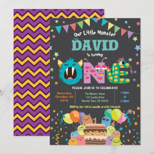 Een klein monster eerste verjaardagsfeest. Jongen Kaart