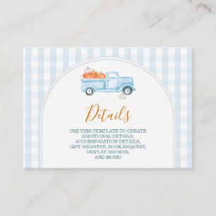 Een Klein Pompoen Blauw Truck Baby Shower Detail Informatiekaartje