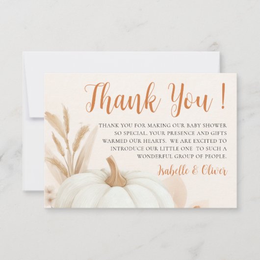 Een klein pompoen Herfst Baby shower dank u kaart (Voorkant)