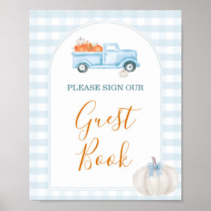 Een klein pompoenblauw vrachtwagen babyshower gast poster