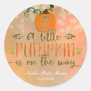 Een klein Pompoentje is Op Weg Baby Shower Herfst Ronde Sticker