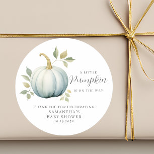 Een Klein Pompoentje Op Weg Blauwe Baby Shower Ronde Sticker