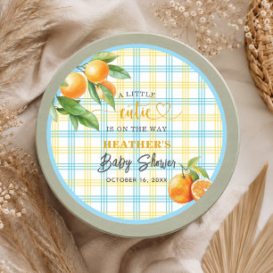 Een Klein Schatje is Op Weg Blauwe Baby Shower Ronde Sticker