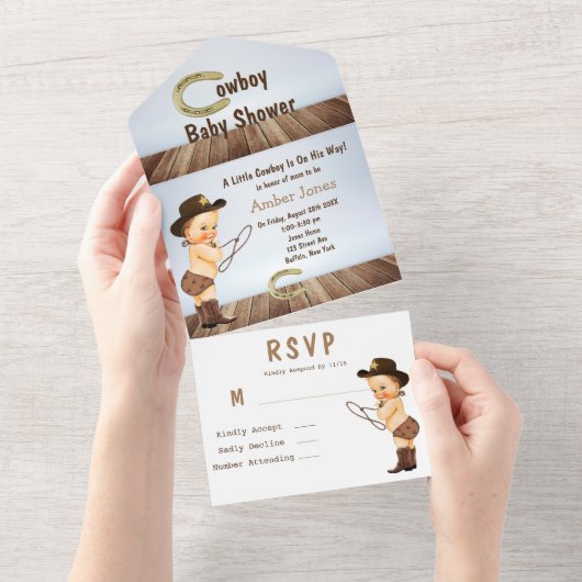 Een Kleine Cowboy Is Op Weg Baby Shower All In One Uitnodiging (Afscheurbaar)