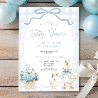 Een Kleine Dwaas Gans Blauw Lint Bloemen Baby Show Kaart