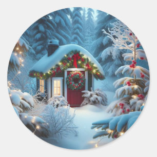 Een kleine hut in de Bossen feestelijke kerstmis Ronde Sticker
