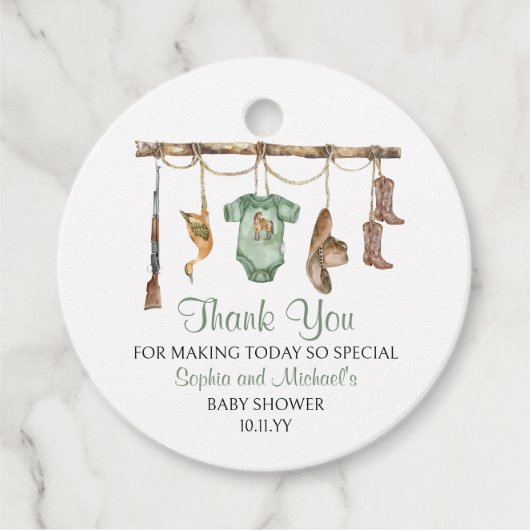 Een kleine jager is op weg naar het Baby shower Bedankjes Labels (Voorkant)