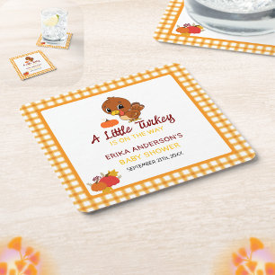 EEN KLEINE KALKOEN BABYSHOWER HERFST THANKSGIVING VIERKANTE KARTONNEN ONDERZETTER