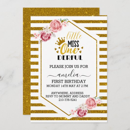 een kleine miss onederful 1e verjaardag goud glitt kaart (Voorkant / Achterkant)