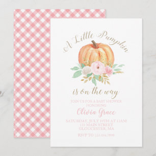 Een kleine pompoen baby shower bloem en roze ruit kaart