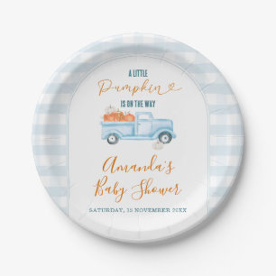 Een Kleine Pompoen Blauw Truck Gingham Baby Shower Papieren Bordje