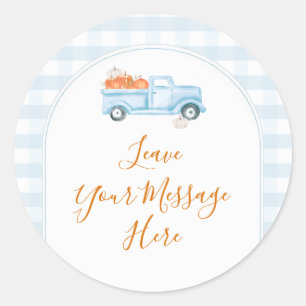 Een Kleine Pompoen Blauwe Truck Gingham Uw Bericht Ronde Sticker