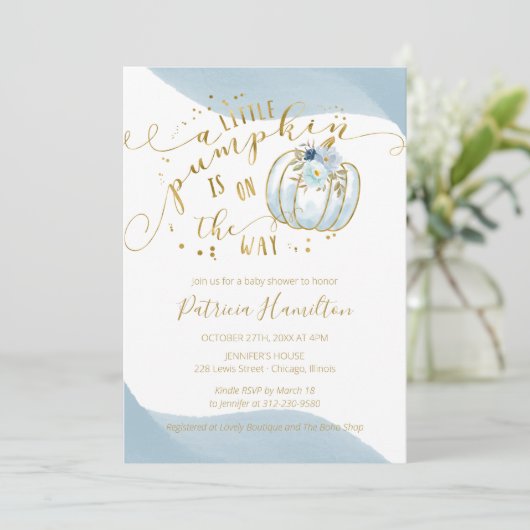 Een kleine pompoen is onderweg, padvinder Baby sho Kaart (Staand voorkant)