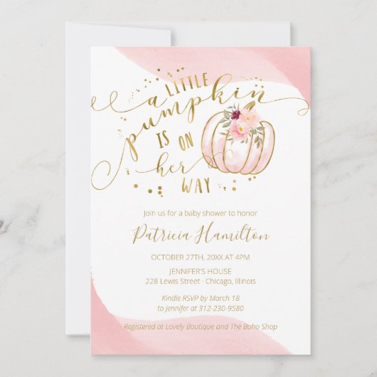 Een kleine pompoen op weg naar het meisje Baby sho Kaart (Voorkant)