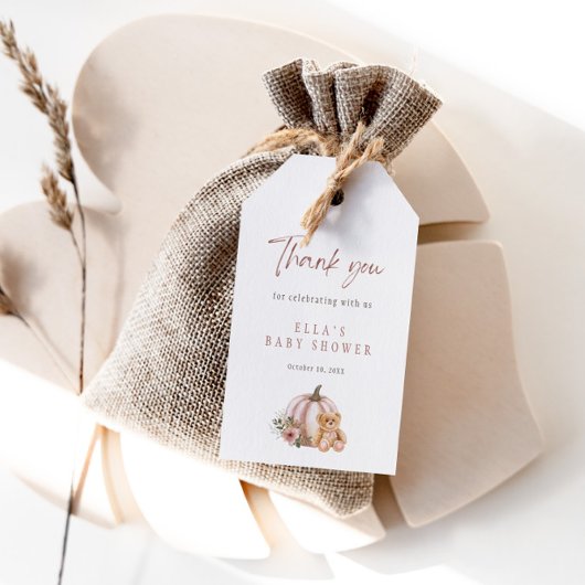 Een kleine pompoen teddybeer gunsttag cadeaulabel