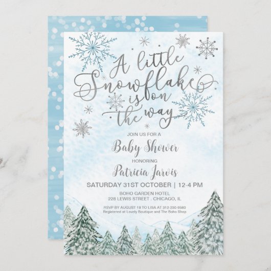 Een kleine Snowflake Blue Baby shower-uitnodiging Kaart (Voorkant / Achterkant)