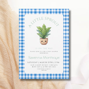 Een Kleine Spruit Plant Blauwe Gingham Baby Shower Kaart