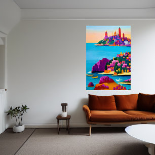 Een kleine stad bij het zee AI Art Poster