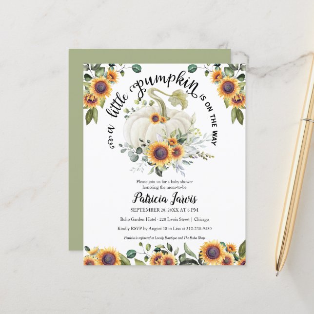 Een kleine uitnodiging tot Baby shower voor pompoe (Voorkant / Achterkant in situ)