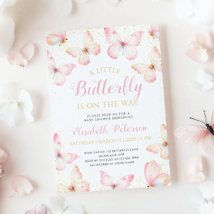 Een kleine vlinder is onderweg met roze Baby showe Kaart