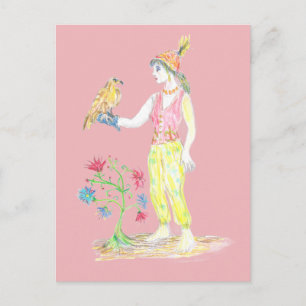 Een kleurpotloodtekening van een vrouw briefkaart