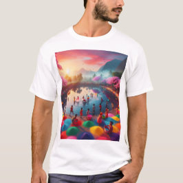 Een kleurrijk afbeelding mensen in een meer met ee t-shirt