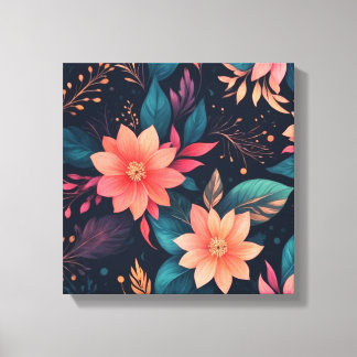 Een kleurrijke bloemen en bladeren op een zwarte a canvas afdruk