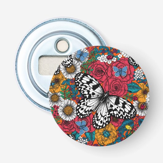 Een kleurrijke tuin button flesopener (Voorkant)