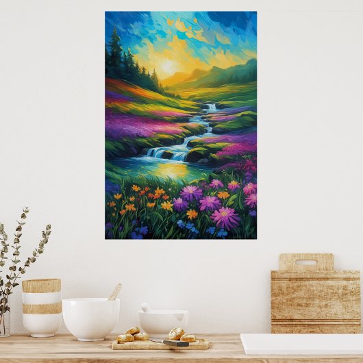 Een kleurrijke weide en een stormloop poster (Keuken)