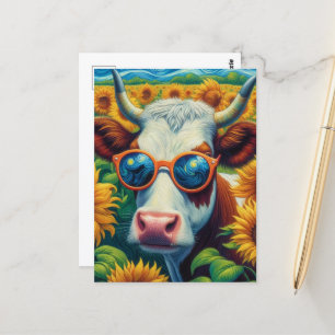 Een koe met een zonnebril in een zonnebloemenveld briefkaart