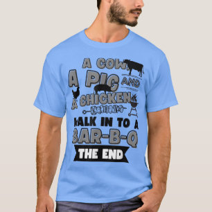 Een Koe van een varken en een kip lopen in een bq T-shirt