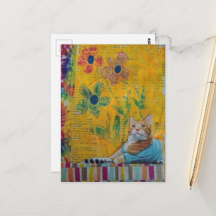 Een koele gember katje geel bloemmotief mixed medi briefkaart