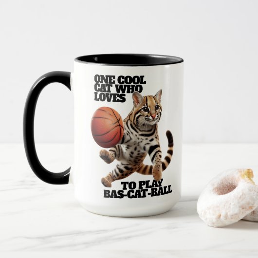 Eén koele kat die van bas-cat-bal houdt mok (Met donut)