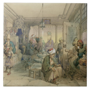 Een koffiehuis, Constantinopel, 1854 (pen & inkt & Tegeltje