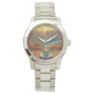 Een kopje koffie in de ochtend met uitzicht op de horloge