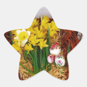 Een korf van gele diaffodils en paasgriep ster sticker