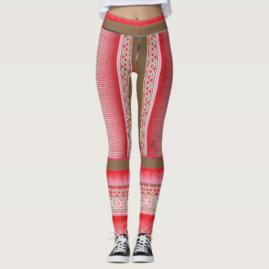 Een kruissteek patroon met een rode achtergrond leggings (Voorkant)