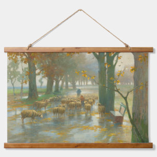 Een kudde schapen met schaap op een regenachtige d hangend wandkleed