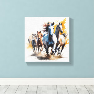 Een kudde wilde paarden die door een weide rennen canvas afdruk