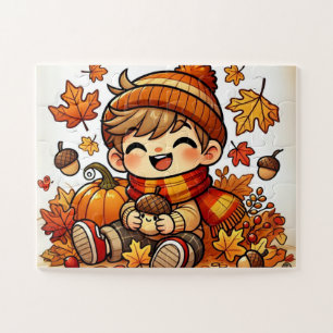 Een lachend kind met een eikel in de herfst legpuzzel