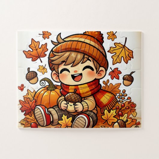 Een lachend kind met een eikel in de herfst legpuzzel (Horizontaal)