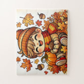 Een lachend kind met een eikel in de herfst legpuzzel (Verticaal)