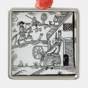 Een landscène met een vrouw die draait metalen ornament