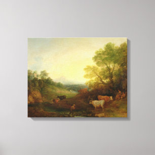Een landschap met Rundvee en Cijfers door een Stre Canvas Afdruk